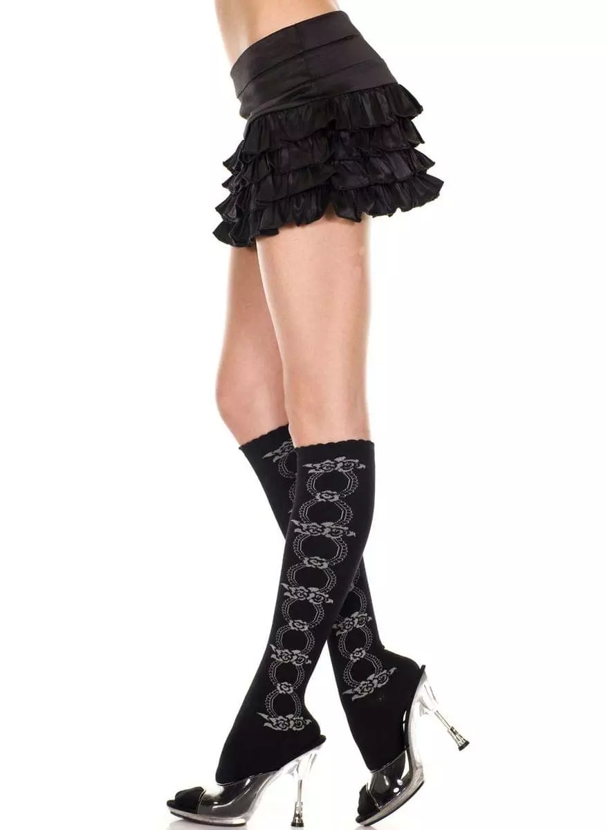 MUSIC LEGS Knee Hi With Floral Design Nylon Costume Stocking 3 MUSIC LEGS Knee Hi With Floral Design Nylon Costume Stocking